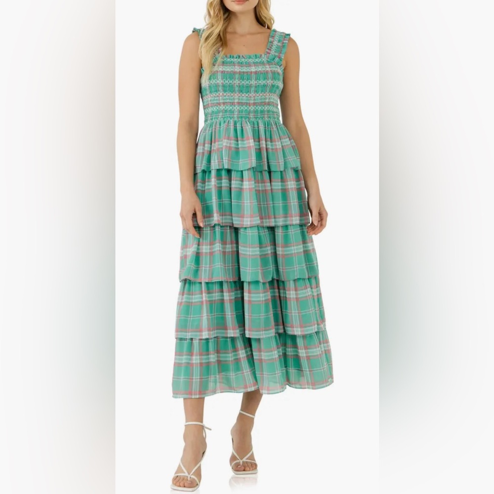 ENGLISH FACTORY Anthropologie Smocked Green Plaid Tiered Midi Dress size S